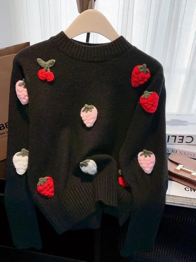 French Vintage Women Sweet Strawberry Embroidered Elegant Long Sleeve Knit Sweater 2024 New Autumn Winter Round Neck Tops Trendy