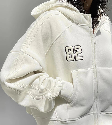 Casual Loose Hooded Autumn Jacket for Female Digital Embroidery Sporty Hoodies Coat Zip-Up Pockets Korean Basic White