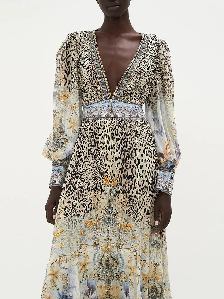 Vintage Leopard Dresses Female Deep V Neck Long Sleeve High Waist Spliced Ruffles Hem Slim Dress For Women Clothing Summer