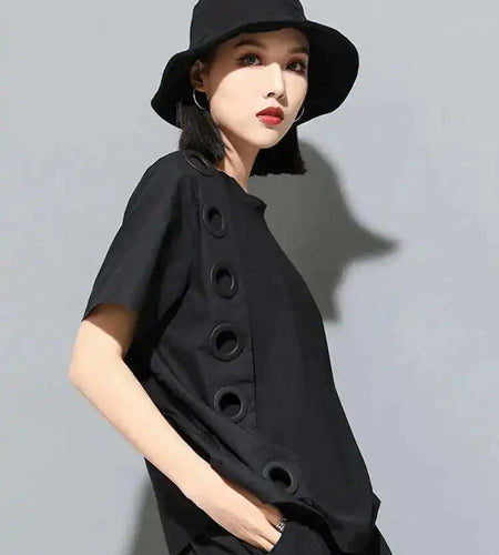 Women Black Hollow Out Spliced Casual Big Size T-shirt New Round Neck Short Sleeve Fashion Tide Spring Summer 2025 1DF4780