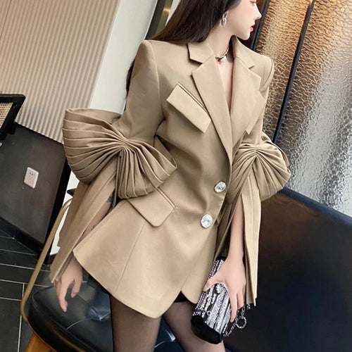 Load image into Gallery viewer, High Street Plain Blazers For Women Notched Long Sleeve Single Breasted Patchwork Folds Coats Female Spring Clothes
