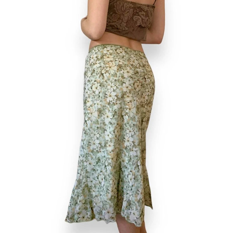 Vintage Fashion Green Flowers Printed Maxi Skirt Women Beach Holidays Low Waisted Summer Midi Skirt Chic Y2K Bottoms