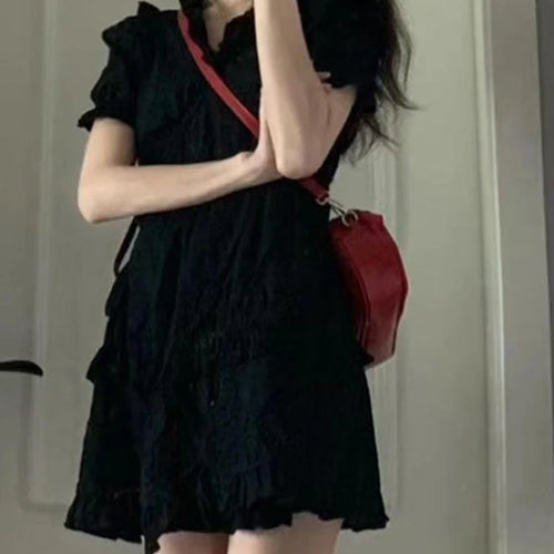 Load image into Gallery viewer, French Style V-neck Black Chiffon Women&#39;s Dresses Princess Sleeve Ruffles Solid Color Fashion Dress Summer Elegant Dress
