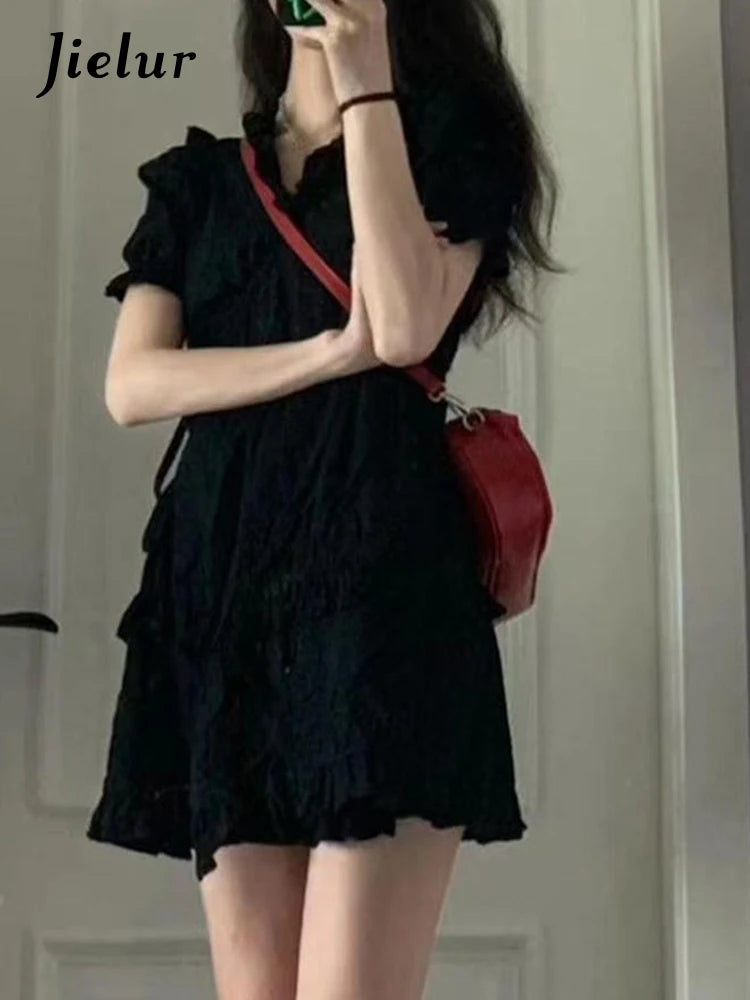 French Style V-neck Black Chiffon Women's Dresses Princess Sleeve Ruffles Solid Color Fashion Dress Summer Elegant Dress