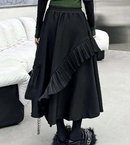 High Elastic Waist Black Irregular Pleated A-line Half-body Casual Skirt Women Fashion Tide New Spring Autumn 2025 1DH3690