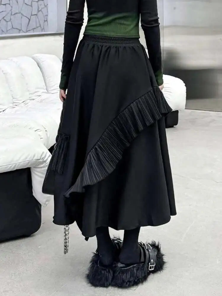 High Elastic Waist Black Irregular Pleated A-line Half-body Casual Skirt Women Fashion Tide New Spring Autumn 2025 1DH3690