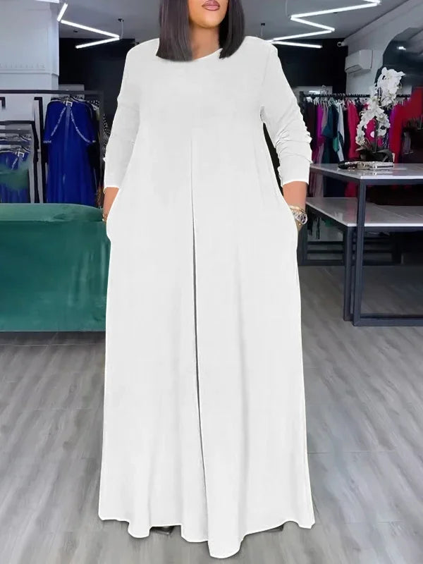 Summer Fashion Afican Loose Soild Color JumpSuits for Women with Pockets Round-Neck Wide Leg Pants Jumpsuit Female