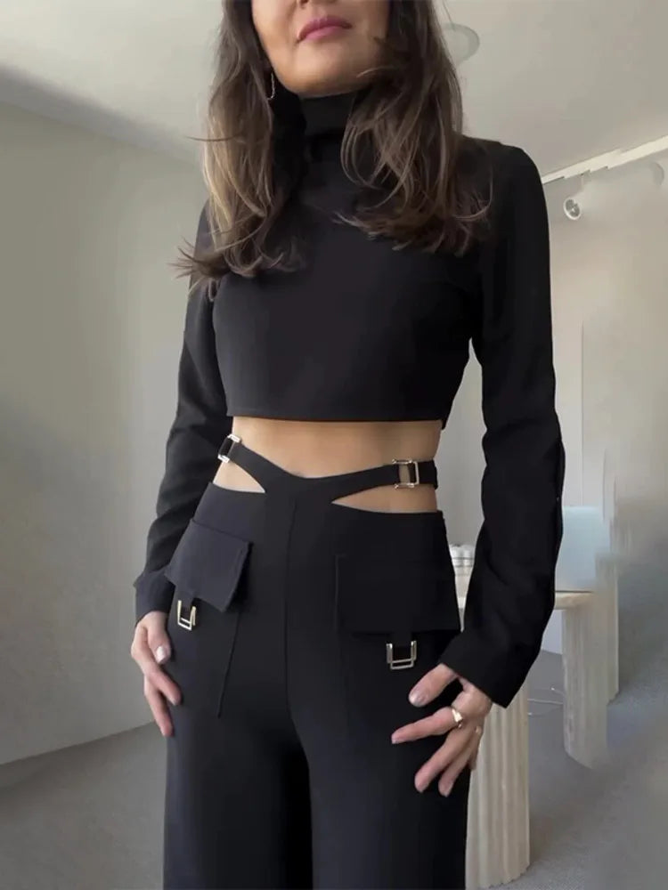 Fashion Button Long Pants Women Set New Stand Up Neck Long Sleeved Set Spicy Girl Strap Casual Set Street Two Piece Set