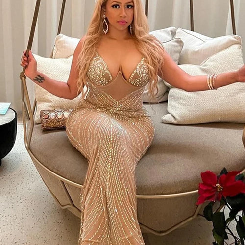 Load image into Gallery viewer, Sequined Drill Sexy Dress For Party Women Suspender Wrap Chest Mesh Perspective Dress Hot Ladies V-Neck Long Vestidos
