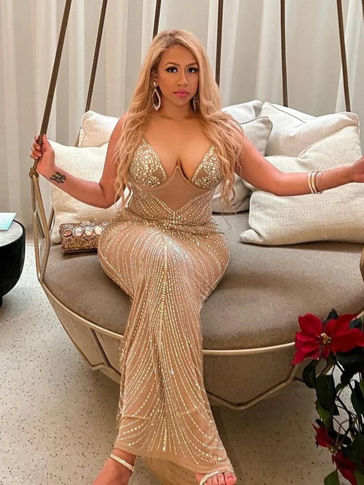 Sequined Drill Sexy Dress For Party Women Suspender Wrap Chest Mesh Perspective Dress Hot Ladies V-Neck Long Vestidos