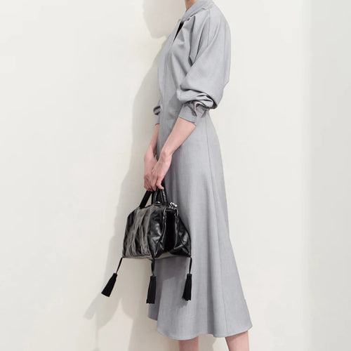 Minimalism Dress for Women 2025 Autumn New Stand Collar Twist Pleat Waist Long-sleeve Office Lady Women Dresses 12453014