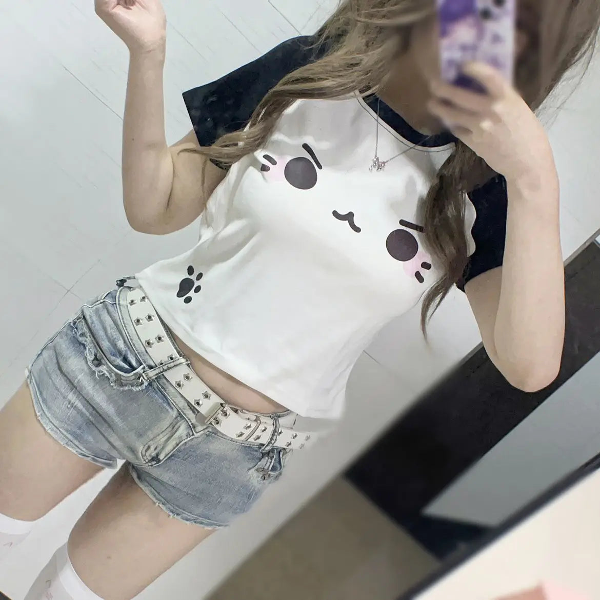 Cotton Woman T Shirts Chic Japanese Tees Summer Tshirts O-neck Short Sleeve Cute Camisetas Y2k Tops Cat Print Tunic Crop T-shirt