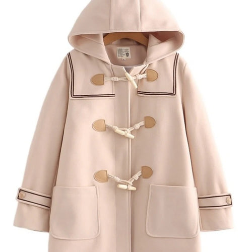 Load image into Gallery viewer, JK Style Girls Warm Wool Blends Straight Women Long Hooded Coat Jacket 2023 Winter Belt Button Female Warmness Preppy Outwear
