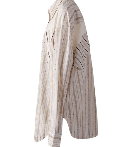 Women  Apricot Striped Irregular Big Size Blouse New Lapel Long Sleeve Shirt Fashion Tide Spring Autumn 2025 CPG3305