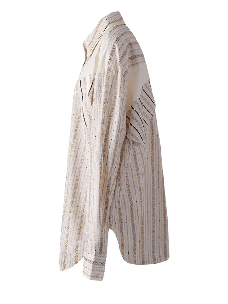 Women  Apricot Striped Irregular Big Size Blouse New Lapel Long Sleeve Shirt Fashion Tide Spring Autumn 2025 CPG3305