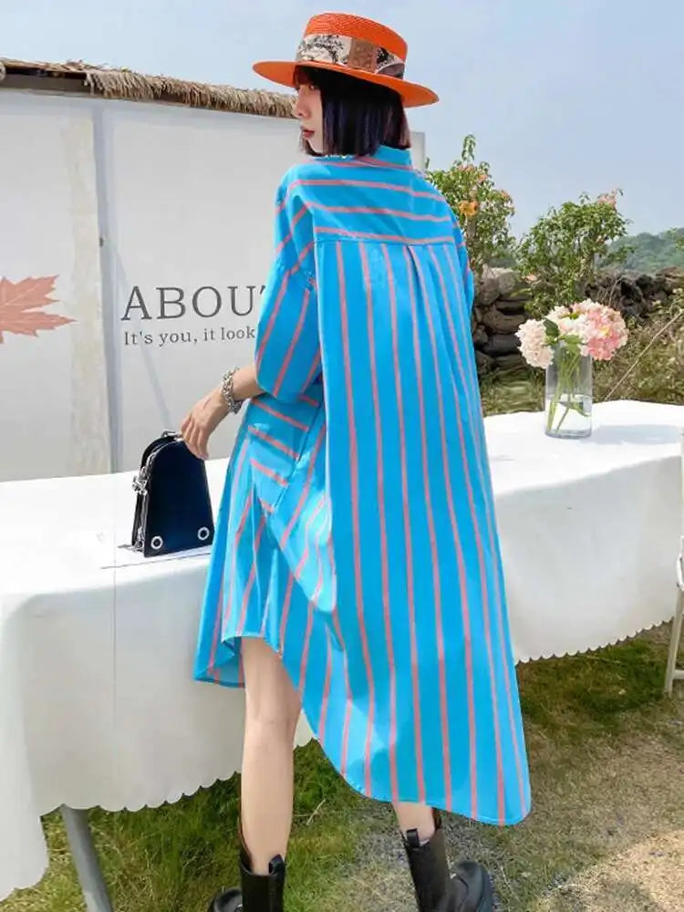 Women Blue Striped Bandage Big Size Knee-Length Shirt Dress New Lapel Long Sleeve Fashion Tide Spring Autumn 2025 1DH4539