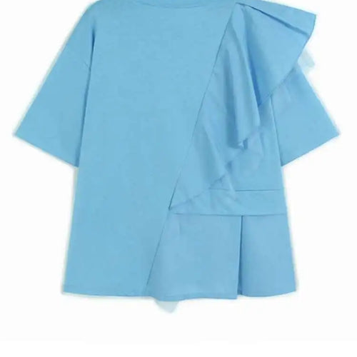Load image into Gallery viewer, Women Blue Mesh Ruffles Big Size Elegant T-shirt New Round Neck Short Sleeve Fashion Tide Spring Summer 2025 1DJ0586

