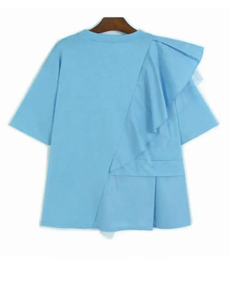 Women Blue Mesh Ruffles Big Size Elegant T-shirt New Round Neck Short Sleeve Fashion Tide Spring Summer 2025 1DJ0586