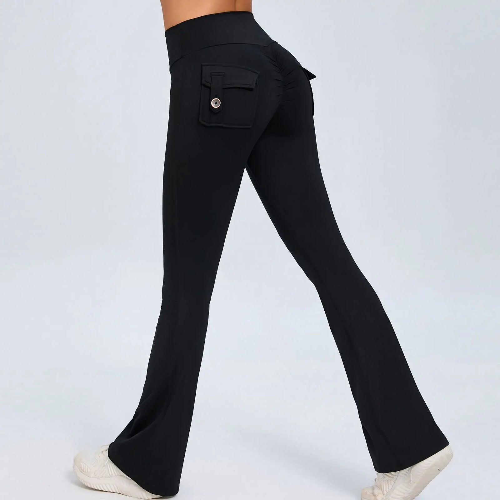 Women Flare Leggings High Waist Wide Elastic Leg Yoga Pants Sport Fitness Pocket Training Running Gym Quick Dry Workout Trousers