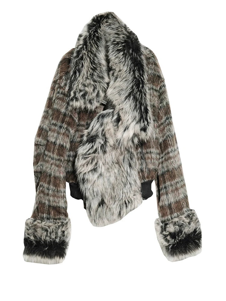 Plaid Both Side Wear Leather Big Size Faux Fur Jacket New Lapel Long Sleeve Women Coat Fashion Autumn Winter 2025 1DH9343