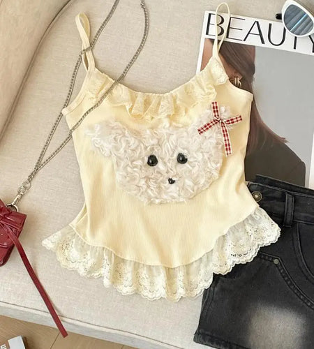 French Fashion Women Puppy Patchwork Lace Sleeveless Short Slip Top Summer Round Neck Backless Versatile Spaghetti Strap Tops