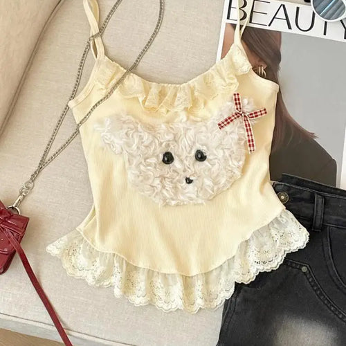 Load image into Gallery viewer, French Fashion Women Puppy Patchwork Lace Sleeveless Short Slip Top Summer Round Neck Backless Versatile Spaghetti Strap Tops
