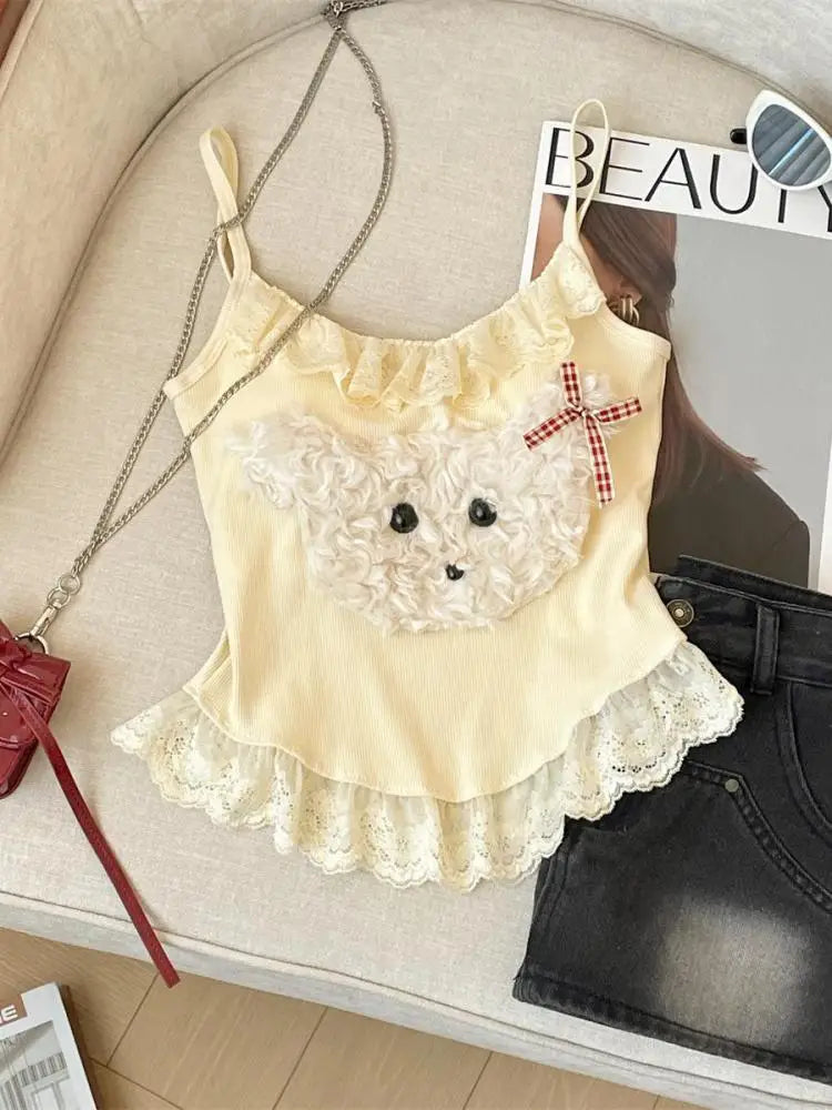 French Fashion Women Puppy Patchwork Lace Sleeveless Short Slip Top Summer Round Neck Backless Versatile Spaghetti Strap Tops