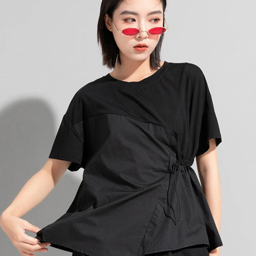 Load image into Gallery viewer, Women Black Waist Drawstring Big Size Casual T-shirt New Round Neck Short Sleeve Fashion Tide Spring Summer 2025 1DJ1833
