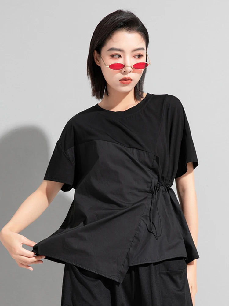 Women Black Waist Drawstring Big Size Casual T-shirt New Round Neck Short Sleeve Fashion Tide Spring Summer 2025 1DJ1833