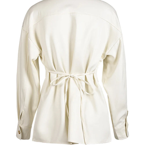 Load image into Gallery viewer, Women Beige Zipper Pocket Back Bandage Blouse New Lapel Long Sleeve Loose Fit Shirt Fashion Spring Autumn 2025 1DF149100
