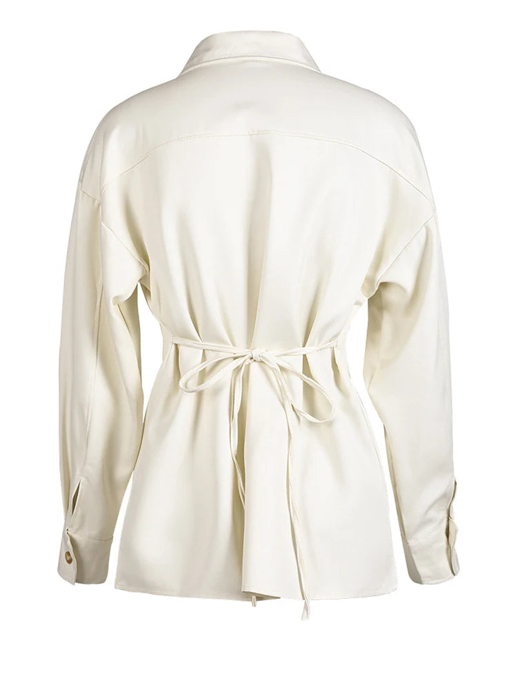 Women Beige Zipper Pocket Back Bandage Blouse New Lapel Long Sleeve Loose Fit Shirt Fashion Spring Autumn 2025 1DF149100