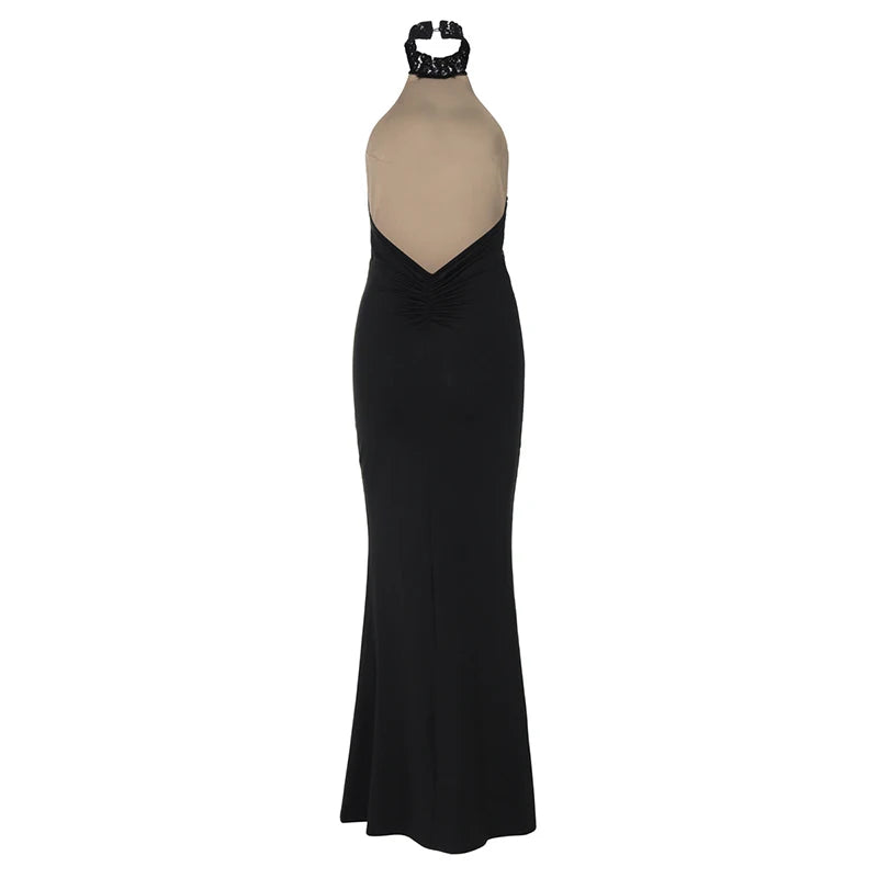 Lace Halter Backless Sexy Maxi Dress For Women Black Off-shoulder Strapless Sleeveless Bodycon Club Party Long Dress