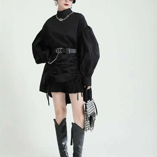 Load image into Gallery viewer, Women Balck Irregular Drawstring Big Size Dress New Stand Collar Long Sleeve Loose Fit Fashion Spring Autumn 2025 1Z18901
