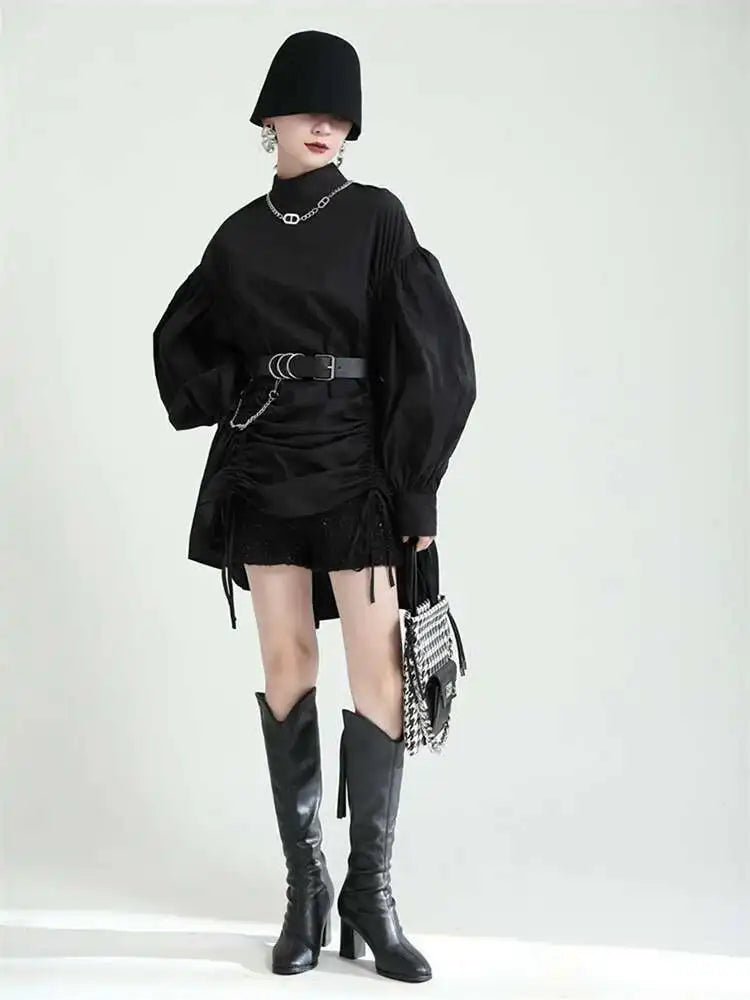 Women Balck Irregular Drawstring Big Size Dress New Stand Collar Long Sleeve Loose Fit Fashion Spring Autumn 2025 1Z18901