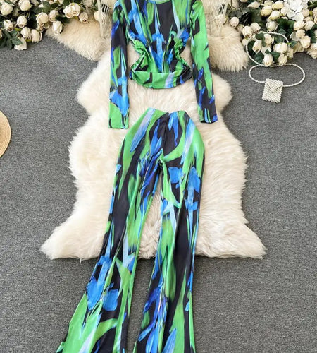 Autumn Women's Print Dyed Long Sleeved Round Neck Pleated Tops+ High Waisted Straight Flared Long Pant Fashion Two-piece Set Y2k