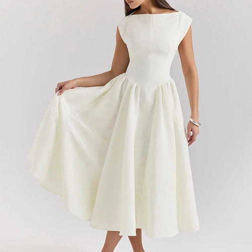 Load image into Gallery viewer, White Backless A-line Sexy Maxi Dress For Women Gown Solid Hollow Out Sleeveless High Waist Club Pleated Dress Elegant
