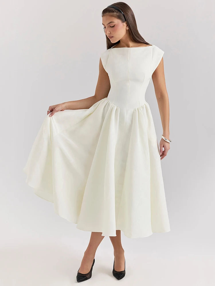 White Backless A-line Sexy Maxi Dress For Women Gown Solid Hollow Out Sleeveless High Waist Club Pleated Dress Elegant