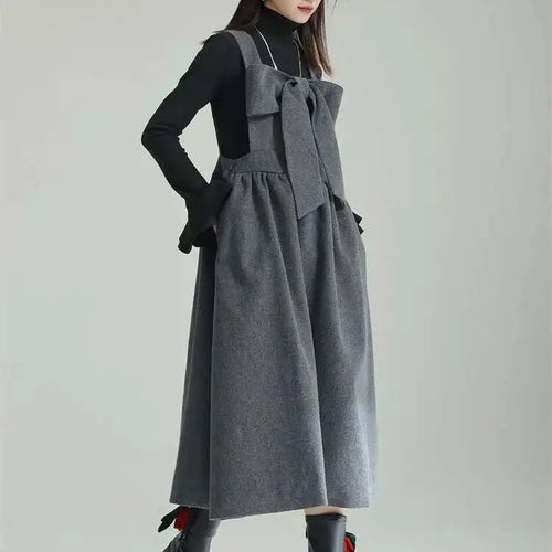 Load image into Gallery viewer, Women Gray Bow Bandage Spliced Long Elegant Woolen Dress New Sleeveless Loose Fit Fashion Tide Autumn Winter 2025 1DF3527
