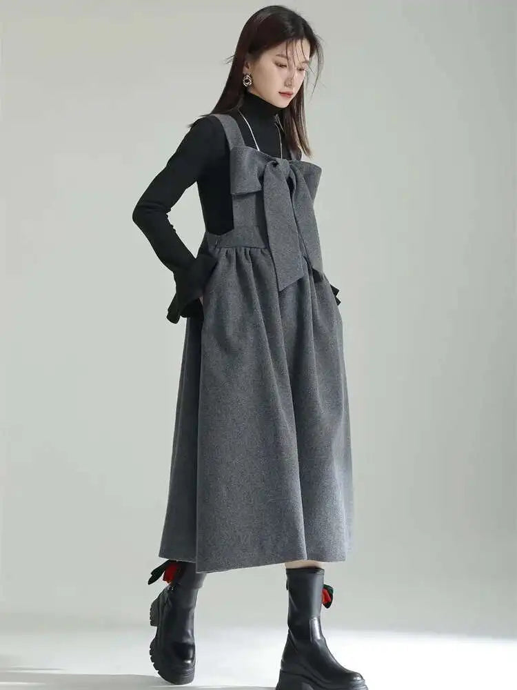 Women Gray Bow Bandage Spliced Long Elegant Woolen Dress New Sleeveless Loose Fit Fashion Tide Autumn Winter 2025 1DF3527