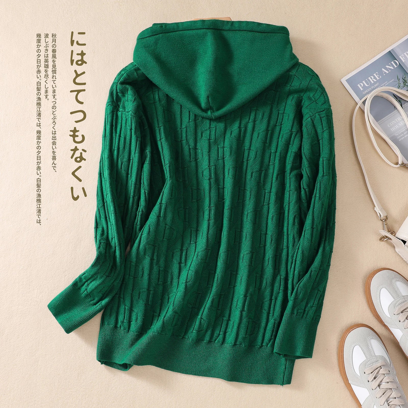 Autumn Winter High Quality Green Long Sleeved Hoodie Tops Women Loose Hooded Knitted Thick Large Size Sweater Casual Simplicity