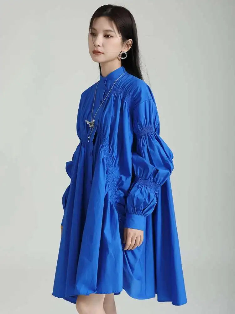 Women Blue Irregular Pleated Big Hem Shirt Dress New Stand Neck Long Sleeve Loose Fashion Tide Spring Autumn 2025 1DF9549