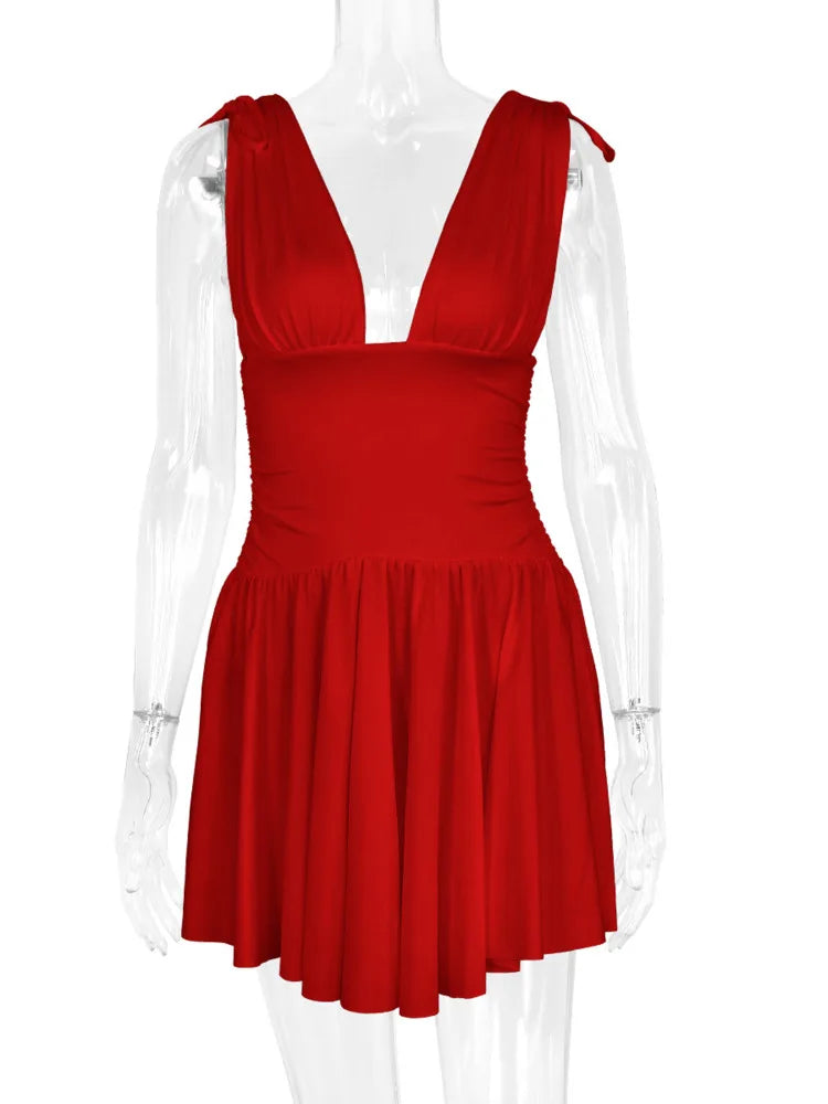 Sexy Deep V Bodycon Women Dress Sleeveless Short Skirt 2024 Sexy Fall Pleated Skirt Party Vestido Slim  Evening Dress