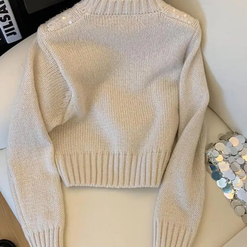Load image into Gallery viewer, French Solid Sequins Knitted Sweater Women Autumn Winter 2023 New Fashion Long Sleeve O Neck Short Pullover Tops Casual Vintage
