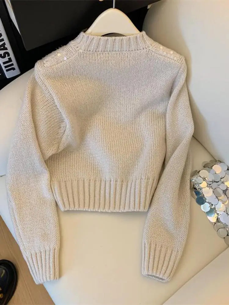 French Solid Sequins Knitted Sweater Women Autumn Winter 2023 New Fashion Long Sleeve O Neck Short Pullover Tops Casual Vintage