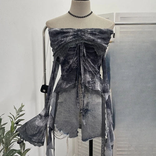 Load image into Gallery viewer, Slash Neck Tie-dye Harajuku T-shirts Streetwear Lace Patchwork Slim Fit Grunge Tops Women Y2k Aesthetic Vintage Drawstring Tees
