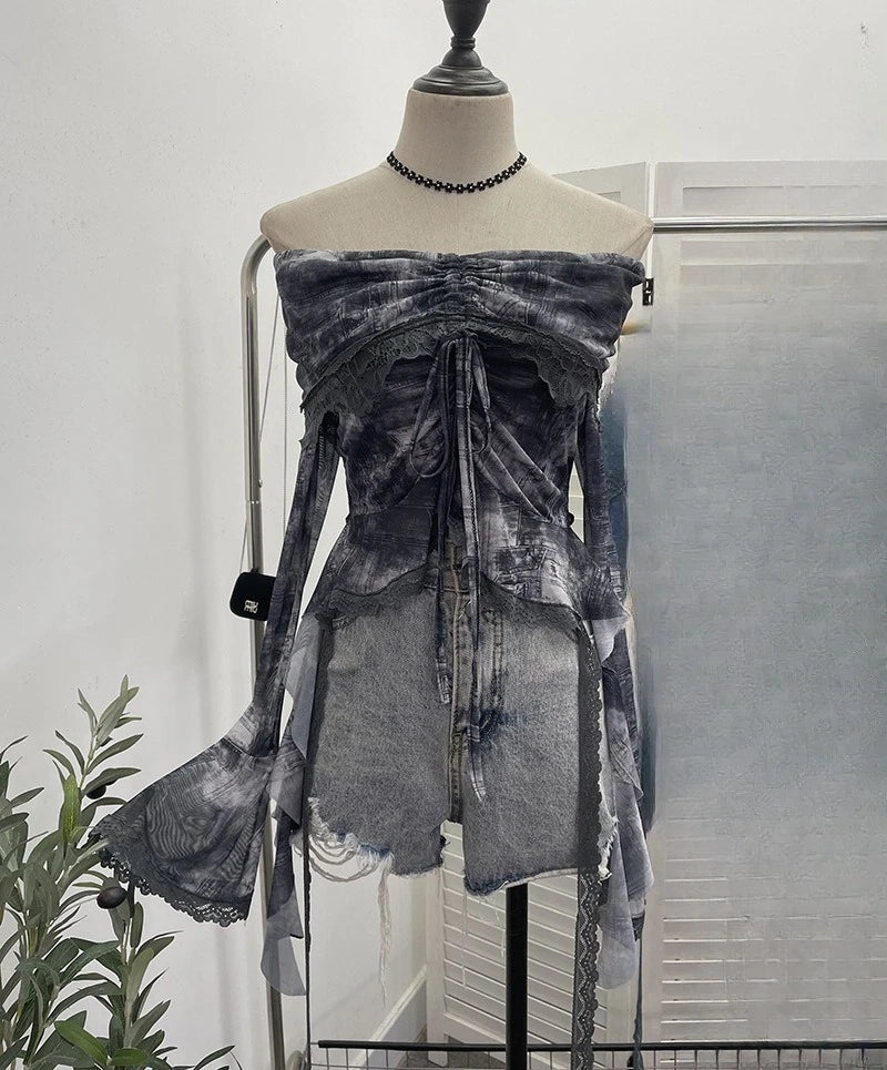 Slash Neck Tie-dye Harajuku T-shirts Streetwear Lace Patchwork Slim Fit Grunge Tops Women Y2k Aesthetic Vintage Drawstring Tees