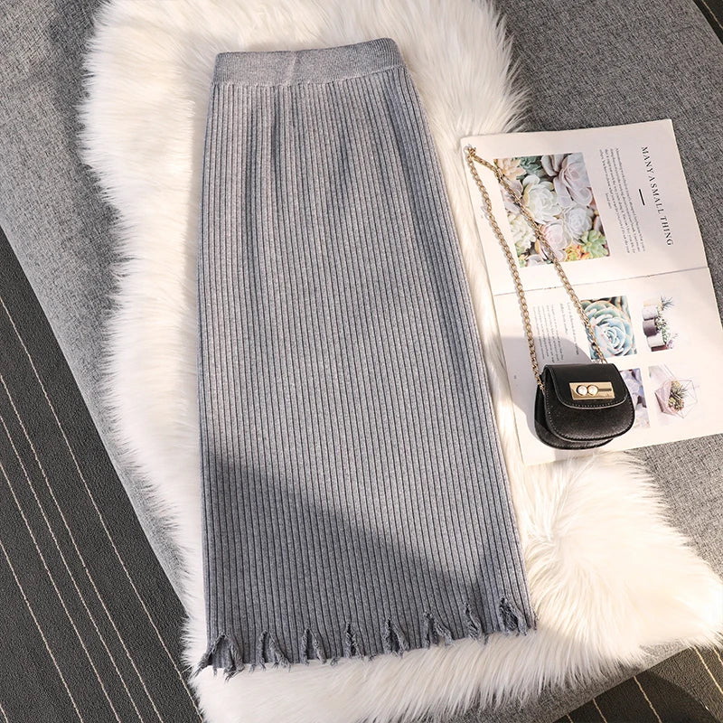 Casual Knitted Midi Pencil Skirt Y2k Women Autumn Winter Elastic High Waist  A-line Split Straight Skirts Female Streetwear