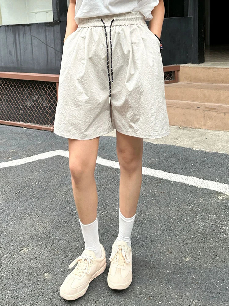 Women White Drawstring Pocket Casual Wide Leg Shorts New High Waist Trousers Fashion Tide Spring Summer 2025 1DJ1389