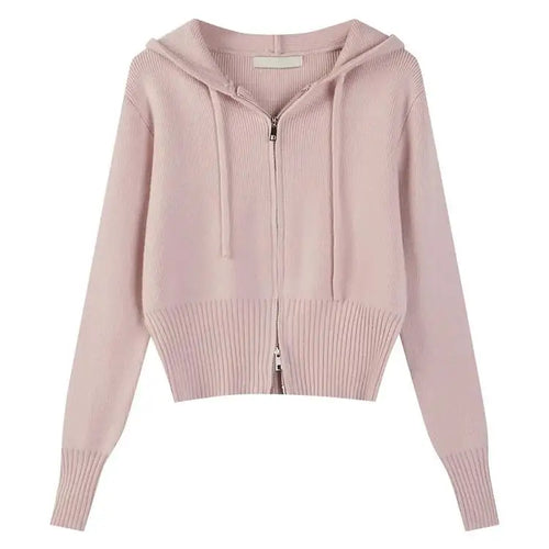 Load image into Gallery viewer, Korean Solid Hooded Double Zipper Cardigan Sweater Women Autumn Winter Long Sleeve Vacation Knitwear Tops Simplicity Streetwear
