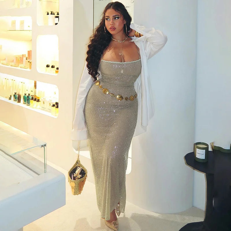 Spaghetti Strap Sparkle Maxi Dress Women Glitter Elegant Split Sleeveless Long Dress Fashion Sexy Party Club Dress